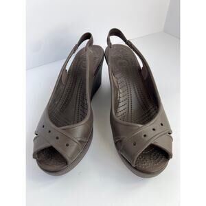Crocs Farrah Wedge Sandals - Espresso Brown Slingback Peep Toe Heels size 9